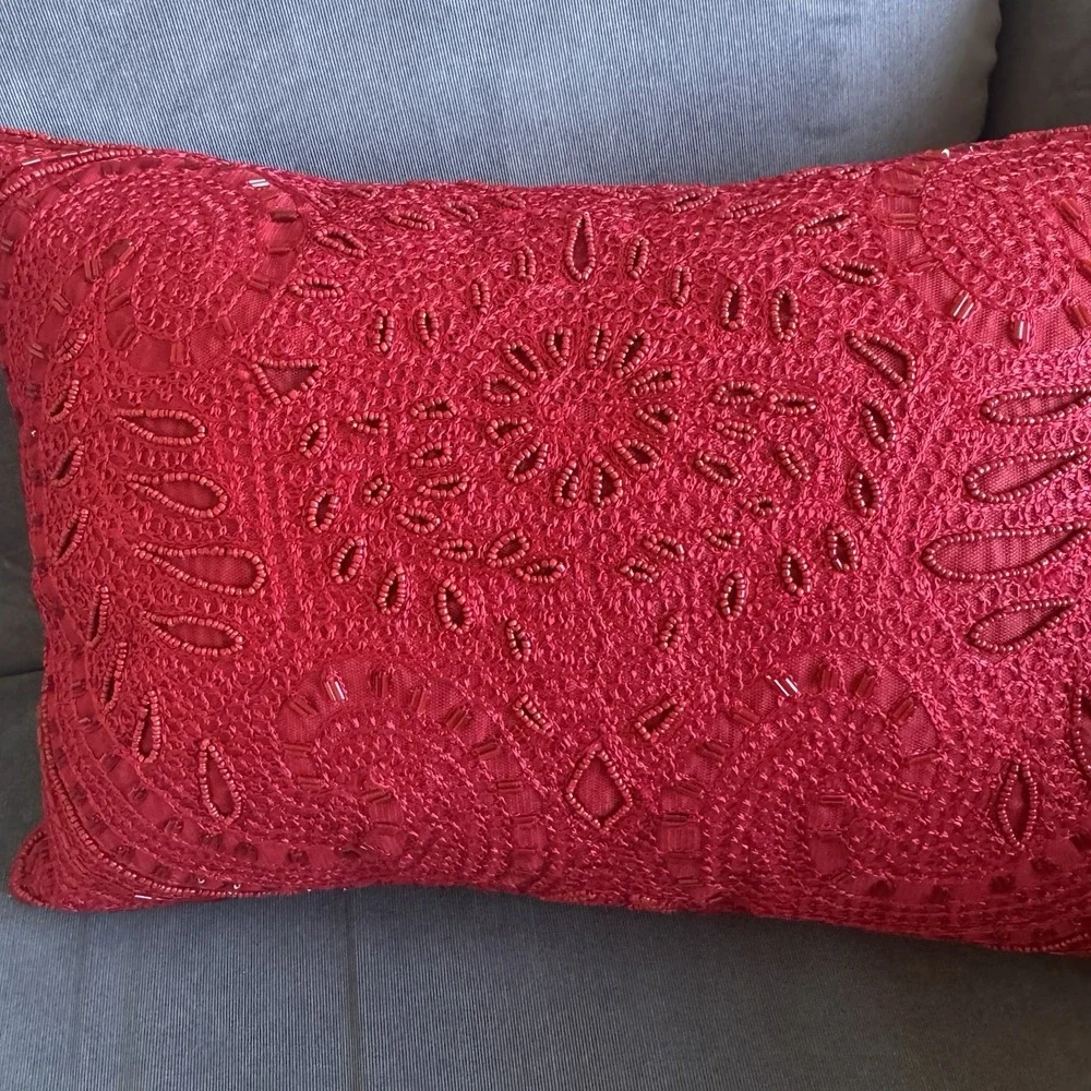 Pier 1 Imports ~ Red Beaded Throw Pillow ~ Rectangular ~ Shiny ~ Lumbar 16